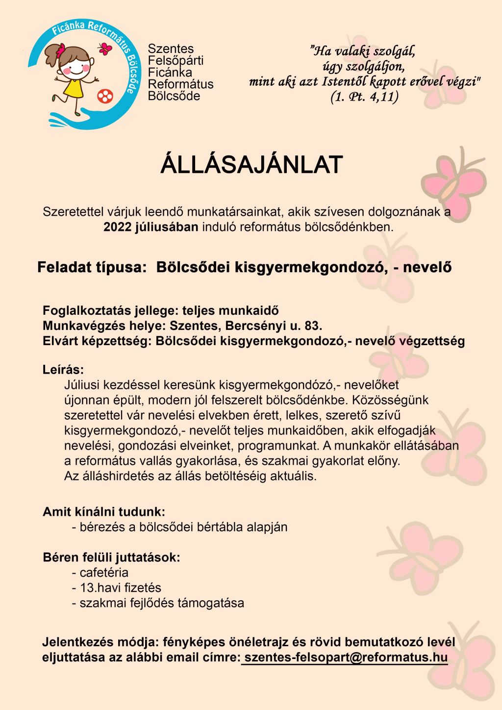 Állásajánlat - Bölcsődei kisgyermekgondozó